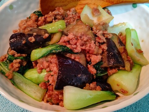 ご飯が進む！ナスとチンゲン菜の肉味噌炒め